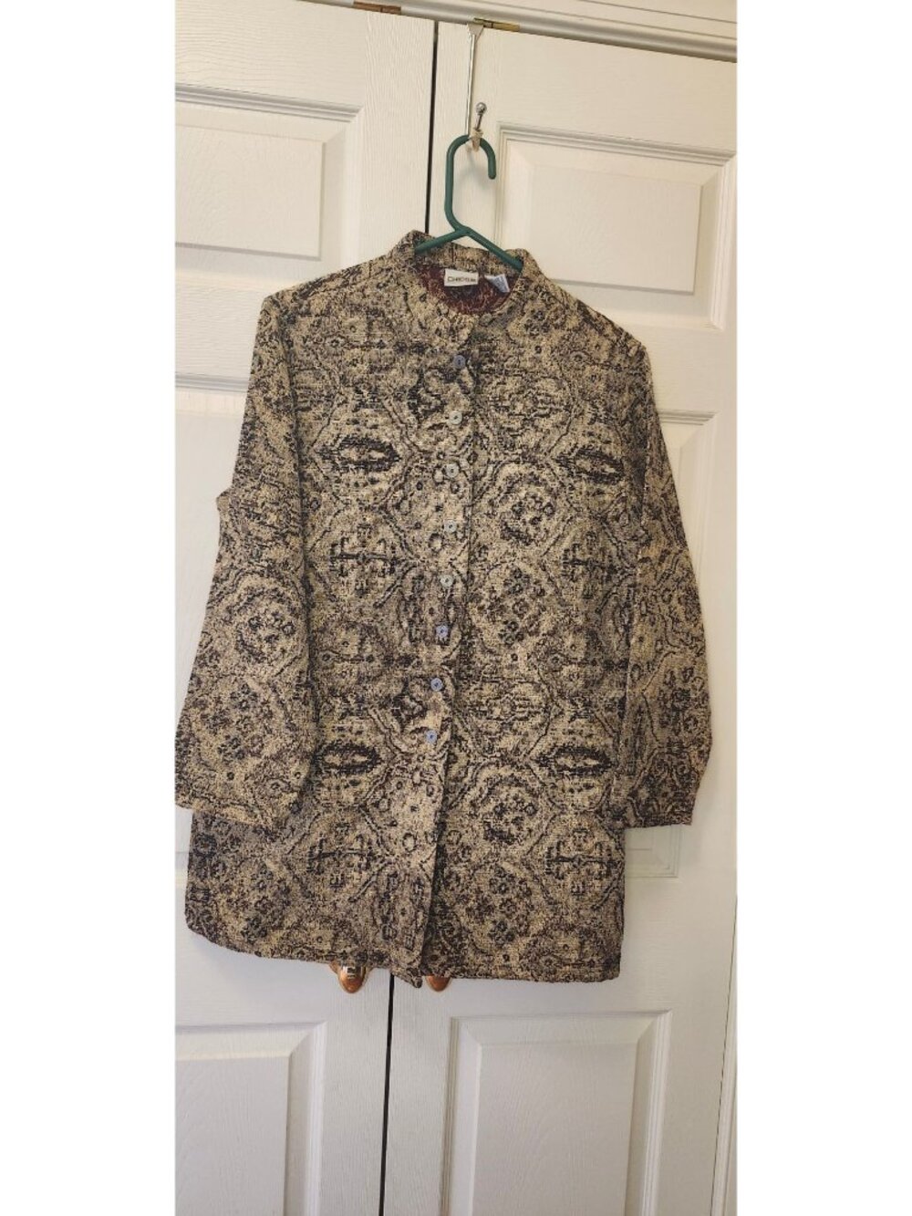 Women Chicos Brown Button Front Tapestry Jacket Mandarin Collar Size 2 L/12